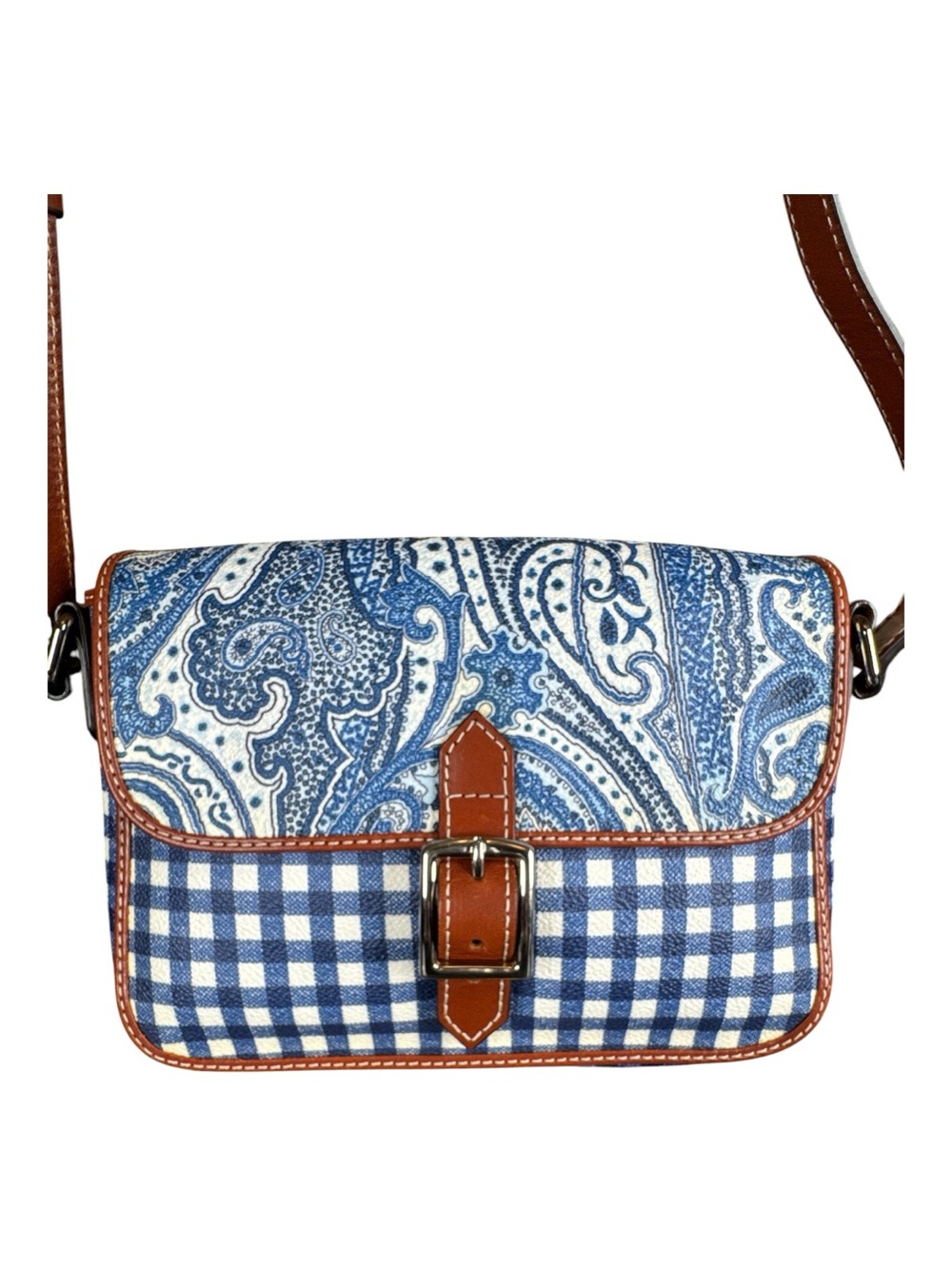 ETRO Blue & White Paisley and Gingham Crossbody Bag with Brown Leather Trim
